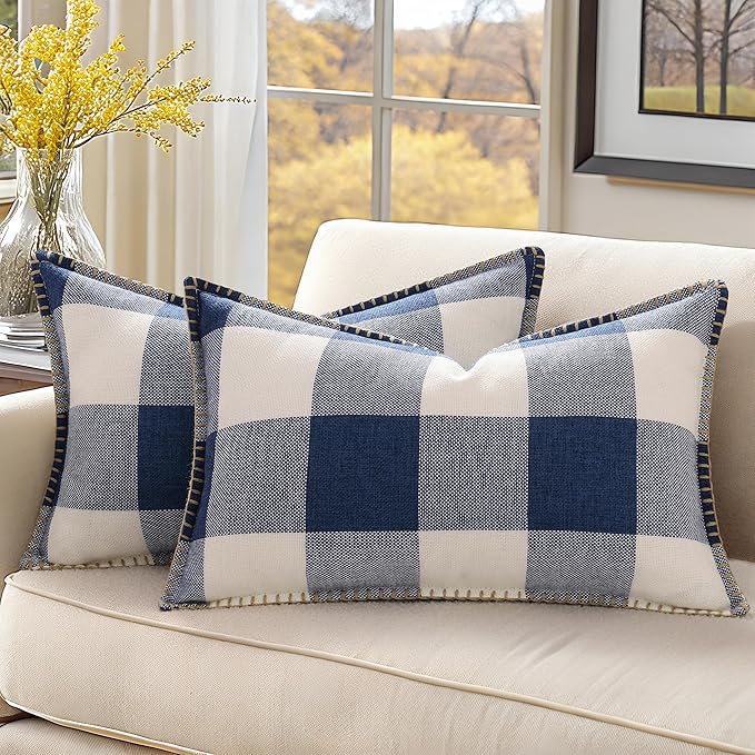 decorUhome Buffalo Plaid Check Throw Pillow Covers 12x20 Set of 2, Outdoor Lumbar Decorative Farmhouse Neutral Pillow Covers with Stitched Edge for Bed Couch Sofa, Navy Blue and White-Ruum Studio Home