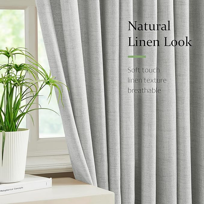 FMFUNCTEX Pinch Pleated Curtains 96 Inches Long for Living Room, Grey Semi Sheer Faux Linen Textured Pleat Drapes for Bedroom with Hooks, Light Filtering Farmhouse Window Drapes 2 Panels-Ruum Studio Home