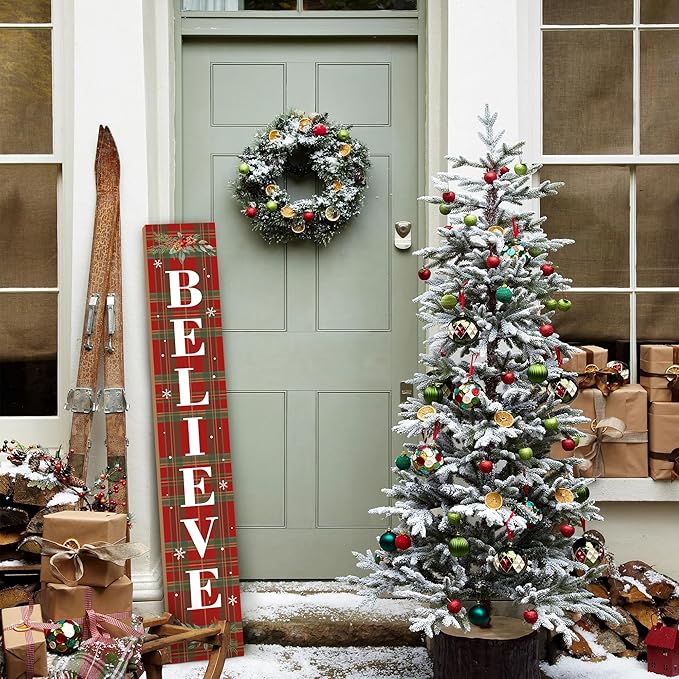 Winter Believe Porch Board Welcome Sign for Front Buffalo Plaid Door Porch Deck Patio or Wall - Indoor Outdoor Decorative Farmhouse Rustic Vertical Porch and Yard Decor - 47.2"H-Ruum Studio Home