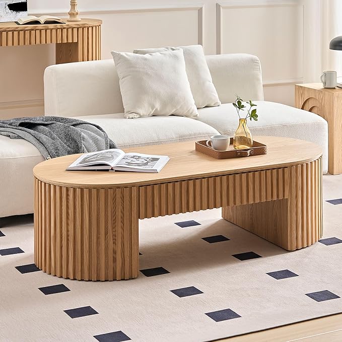 51.18'' Oval Coffee Table for Living Room Fluted Center Table with Drawer, Mid Century Modern Coffee Tables, Easy Assembly for Office Storage Tea Table Oak-Ruum Studio Home
