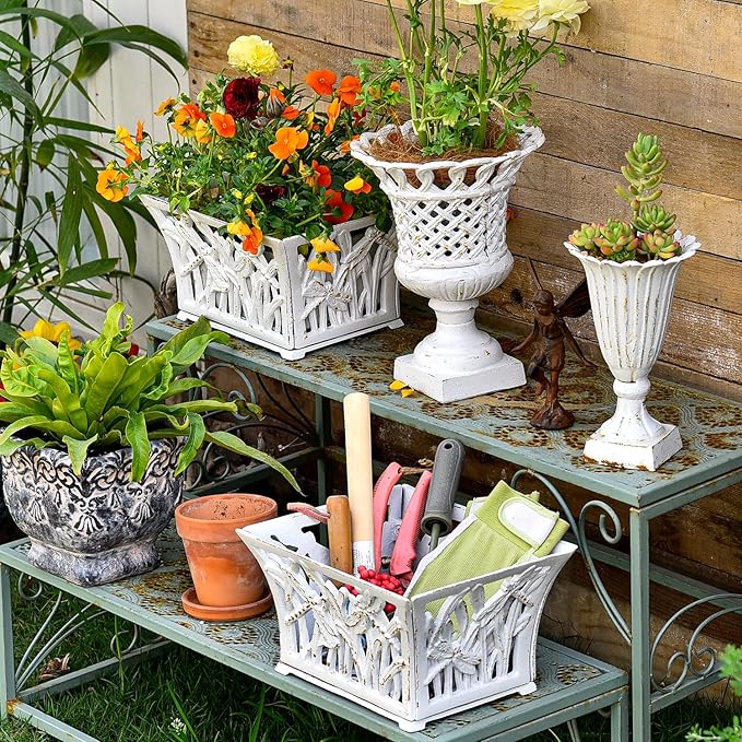 Sungmor Heavy Duty Cast Iron Planter Basket w/Non-Woven Growing Bag, Unique Shape & Beautiful Pattern Design, Hollow Orchid Flower Pot Garden Tools Holder, Rust White French Country Decor Container-Ruum Studio Home