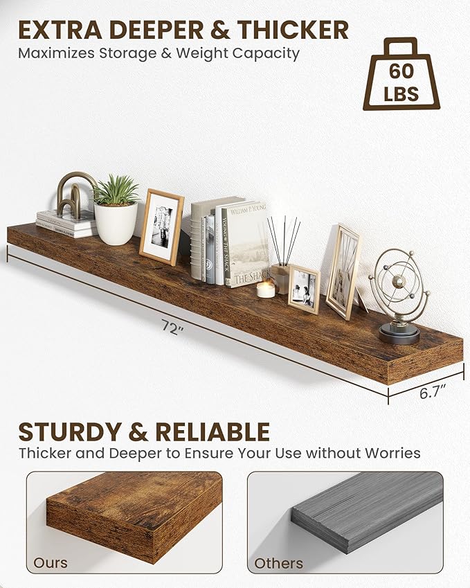 Marsmiles 72" Floating Shelves for Wall, Wooden Shelves with Invisible Brackets Set of 2, Rustic Farmhouse Wall Mounted Shelf for Kitchen Bathroom Living Room Study, Rustic Brown-Ruum Studio Home