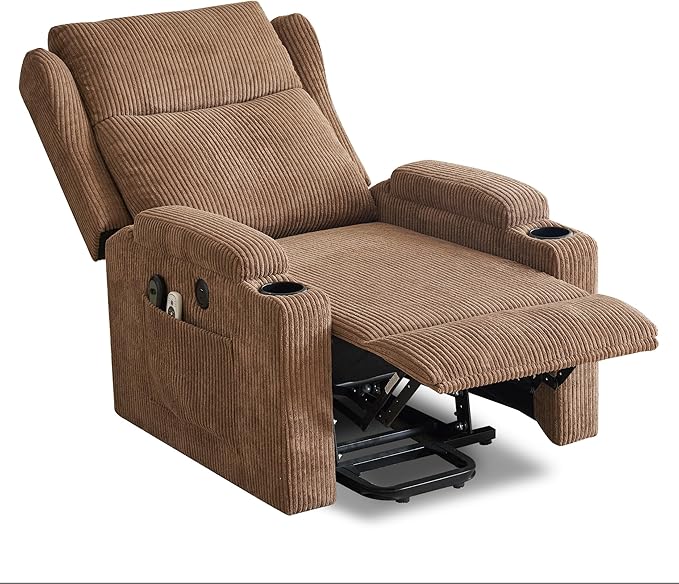 Lift Recliner Chair for Adults with Massage and Heating, Power Lift Recliner Chairs for Elderly, Corduroy Fabric Reclining Chair with USB &Type-C Port, Cup Holders, L6111 (Brown)-Ruum Studio Home