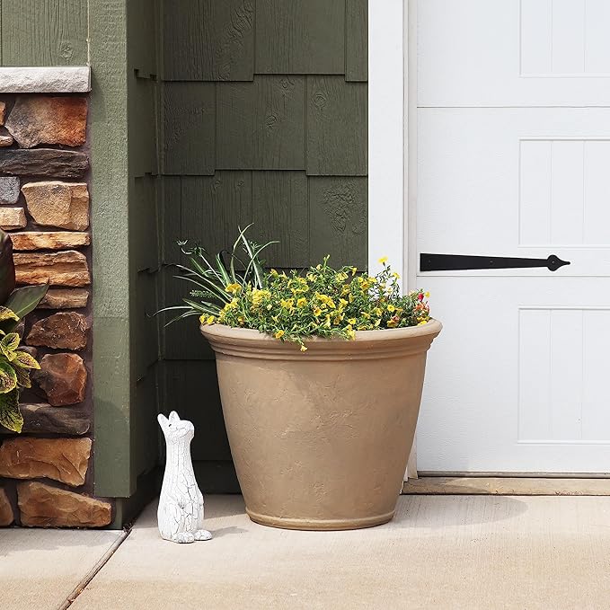 Sunnydaze 24-Inch Anjelica Large Plastic Pot for Plants - Outdoor Polyresin Round Planter with Drillable Drainage Holes - Beige-Ruum Studio Home
