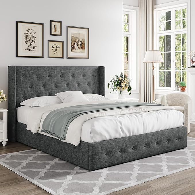 Allewie Queen Size Lift Up Storage Bed, Button Tufted Headboard with Wingback, Hydraulic Support, No Box Spring Needed, Dark Grey-Ruum Studio Home