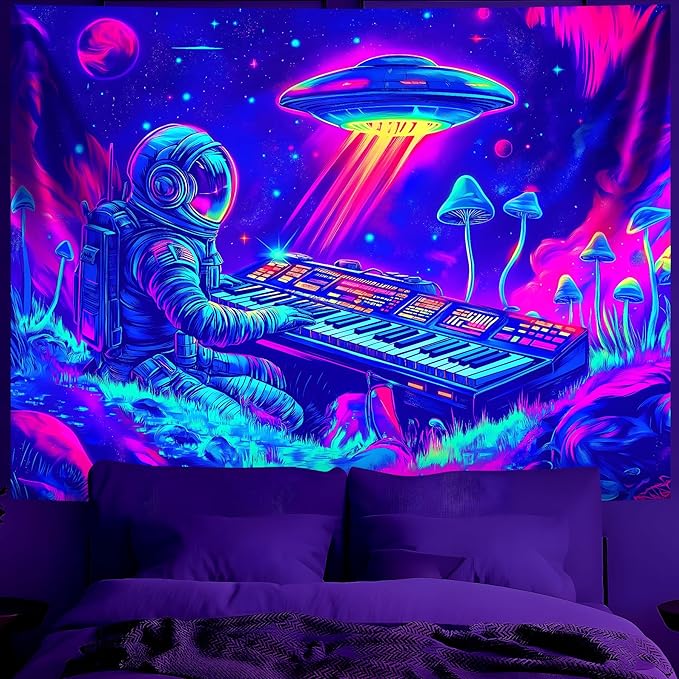 BVBOX Astronaut Space Blacklight Tapestry 79"x59", UV Reactive Astronaut Electronic Piano UFO Galaxy Planet Glow in Dark Music Tapestries, Black Light Neon Upright Poster Wall Hanging Backdrop Decor for Bedroom Living Room-Ruum Studio Home