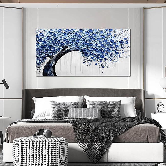 Large Wall Art for Living Room Bedroom Home Office Blue Tree of Life Wall Art Floral Picture Framed Wall Decor Modern Canvas Prints 24x48 In-Ruum Studio Home