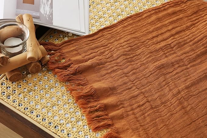 100% Cotton Muslin Throw Blanket for Bed, Couch, Travel, Luxuriously Soft, Pre-Washed, Breathable and Lightweight Gauze Blanket with Tassels, Suitable for All Seasons, Rust, 50"x60"-Ruum Studio Home