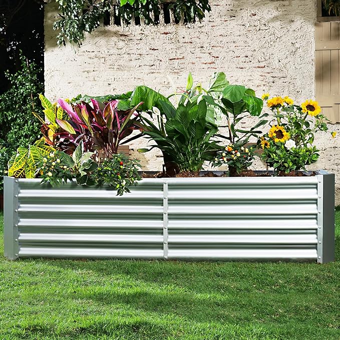 Land Guard Metal Raised Garden Bed for Gardening, 8x4x1.5ft Galvanized Raised Garden Bed, Planter Boxes Outdoor for Vegetables, Fruits and Flowers (Silver)-Ruum Studio Home