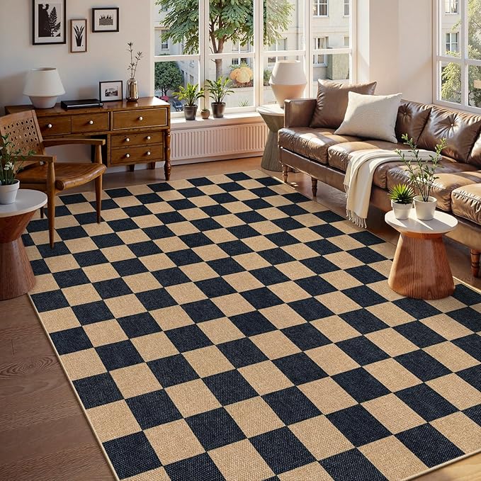 Lahome Checkered Easy Jute 8x10 Rug, Washable Rugs for Living Room Office, Farmhouse Neutral Non Slip Non Shedding Stain Resistance Indoor Outdoor Carpet for Balcony Patio Classroom-Ruum Studio Home