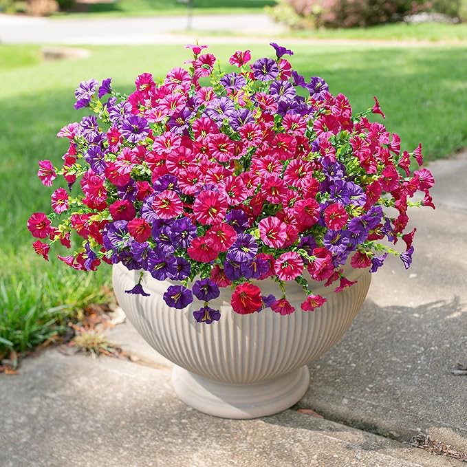 Artificial Flowers for Outdoors Fake Plants Outside Decoration, 12 Bundles Silk Colorful Morning Glory with Eucalyptus UV Resistant Realistic Faux Flowers for Planter Porch Patio Yard Garden-Ruum Studio Home