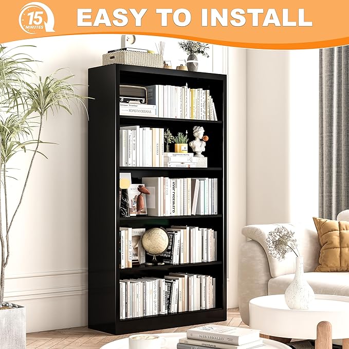 Black Bookshelf, 55” Adjustable Tall Metal Bookshelf, 5-Tier Toy Storage Organizer with Anti-Tilt Device, Modern Book Cases and Book Shelves for Bedroom, Playroom, Classroom, Study-Ruum Studio Home
