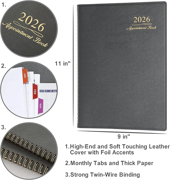 2026 Weekly Appointment Book - Appointment Book 2026, Jan 2026 - Dec 2026, Daily/Hourly Planner with Tabs, 15 Minutes, 8.26"x 11.4", Wirebound - Grey-Ruum Studio Home
