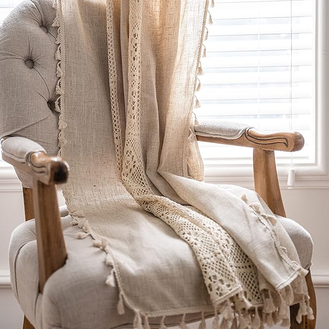 Sutuo Home Boho Curtain Semi-Blackout Crochet Hollow Lace Patchwork with Textured Linen Fabric, Handmade Tassels Rod Pocket Bohemian Window Drapes for Living Bedroom, 59" W x 96" L, 1 Panel-Ruum Studio Home