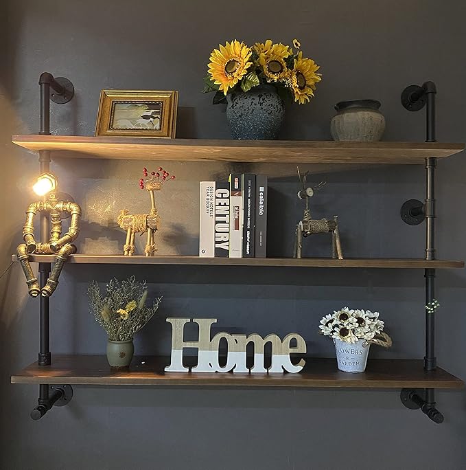 Industrial Pipe Wall Shelves Pipe Shelving with Real Wood Plank ,48 Inches Floating Shelves for Wall Farmhouse Pipe Book Shelves Dark Brown 3 Tier for Kitchen,Living Room Decor and Bar Shelving-Ruum Studio Home