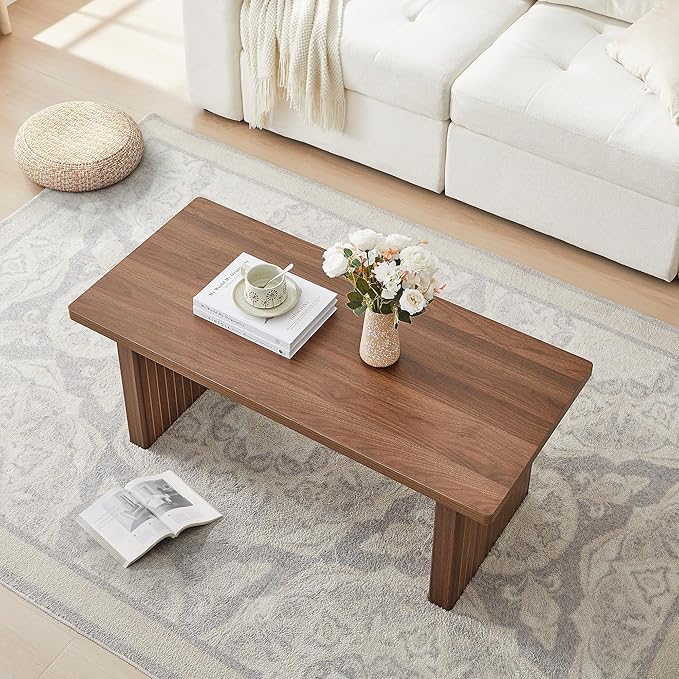 Rectangular Fluted Coffee Table, Farmhouse Wood Coffee Table Mid Century Modern Center Table Boho Living Room Tables for Living Room Office (Walnut, 19.69" D x 43.3" W x 17.72" H)-Ruum Studio Home