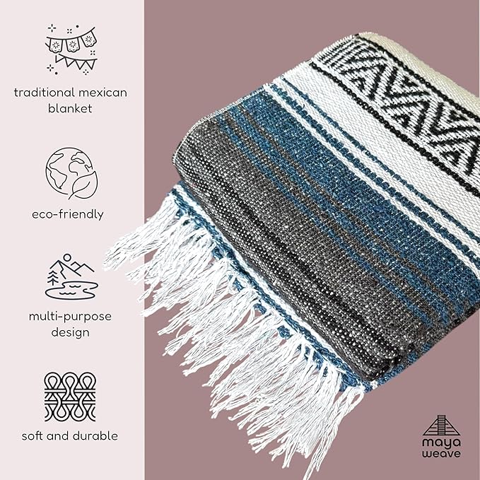 Traditional Handwoven Mexican Blanket, Large Falsa Serape - Soft & Durable - Vibrant Beach, Picnic, Yoga & Camping Mat - Lightweight Boho Throw 70"x50" (Onyx)-Ruum Studio Home