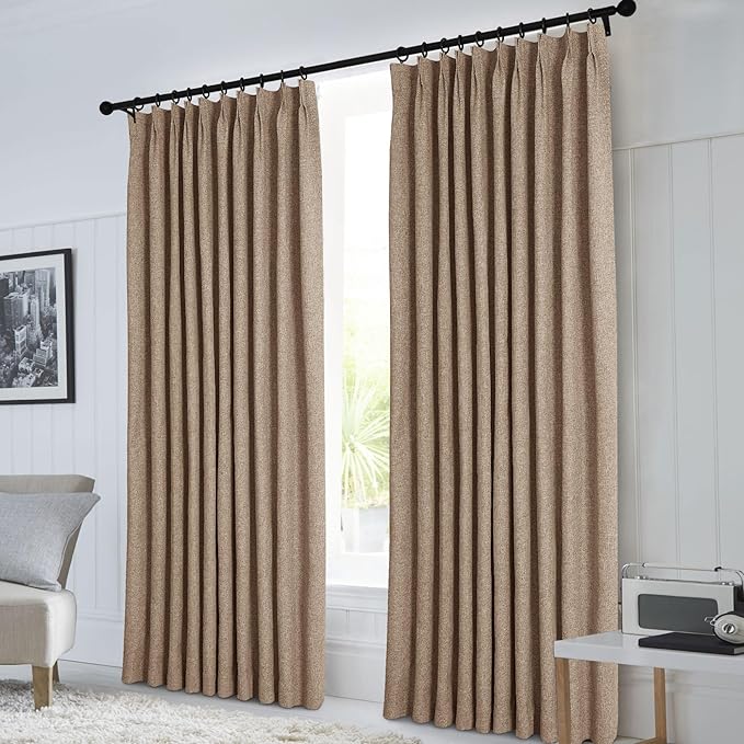 Macochico 120”Wx102”L 100% Blackout Linen Curtains Pinch Pleated Thermal Panels for Sliding Door Bedroom Living Room Farmhouse Shabby Chic Taupe Burlap Curtains with Tieback 1 Panel-Ruum Studio Home
