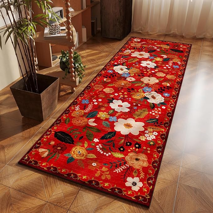 Runner Rug for Hallways Kitchen Rug Non Slip 2'6''x8' Washable Runner Rugs with Rubber Backing Soft Floral Carpet Runner for Hallways, Kitchen, Laundry, Bedroom, Bathroom(Red)-Ruum Studio Home