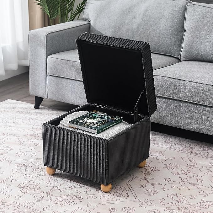 Adeco 17 Inch High Striped Flannel Black Cube Ottoman Storage, 3D Embossed Velvet Chair Foot Stools, Upholstered Vanity Stool with Hinged Lid, Solid Round Wood Legs-Ruum Studio Home