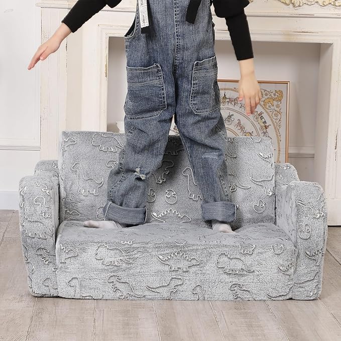 Kids Extra Wide Glow in The Dark Chairs for Toddler, 2-in-1 Toddler Soft Sherpa Couch Fold Out, Convertible Sofa to Lounger for Girls and Boys, Dark Grey-Ruum Studio Home