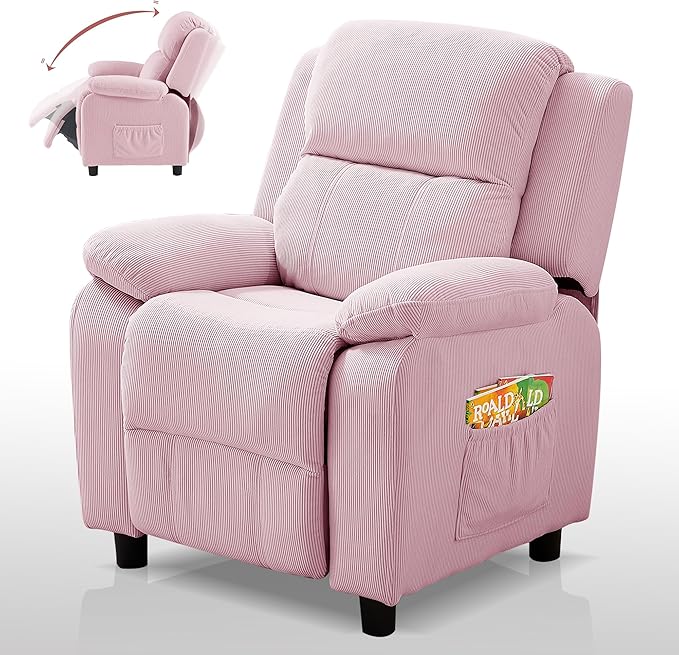 Ulax furniture Corduroy Kids Recliner Chair, Toddler Armrest Sofa Couch, Ergonomic Adjustable Lounge Sofa with Footrest, Padded Backrest, Storage Arms, Pink Recliner for Girls and Boys-Ruum Studio Home