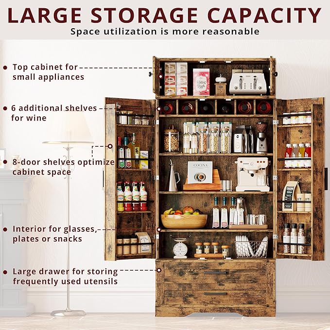IRONCK Kitchen Pantry 72" Height, with 8 Hanging Shelves, 2 Drawers and Open Storage Cabinet, Freestanding Cupboard for Dining Room Living Room,Vintage Brown-Ruum Studio Home