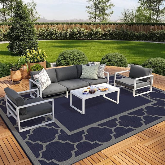 GENIMO 10 'x20 ' Outdoor Rug for Patio Clearance, Waterproof Indoor Outdoor Plastic Straw Rugs Carpet, Reversible Outside Area Rv Mat for Camping, Balcony Porch, Deck, Picnic, Beach (Blue & Grey)-Ruum Studio Home