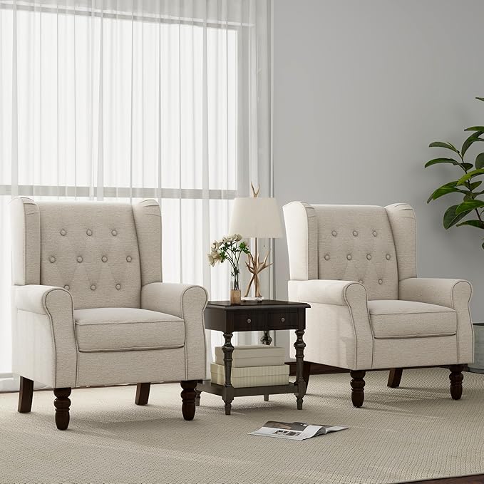 Accent Chair, Upholstered Armchair with Button Tufted High Back & Solid Wood Legs, Comfy Wingback Reading Single Sofa Chair for Small Spaces, Living Room, Bedroom-Ruum Studio Home