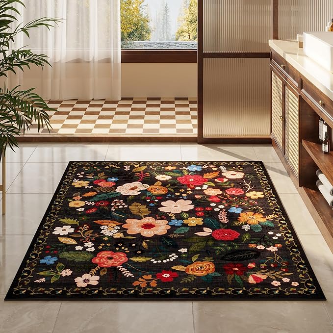Bedroom Rug 3x5 Rug Washable Area Rug Non Slip Low Pile Boho Floral Small Carpet for Bedroom, Bedside, Kitchen, Entryway, Kids Room, Office, College Dorm Essentials for Girls(Black)-Ruum Studio Home