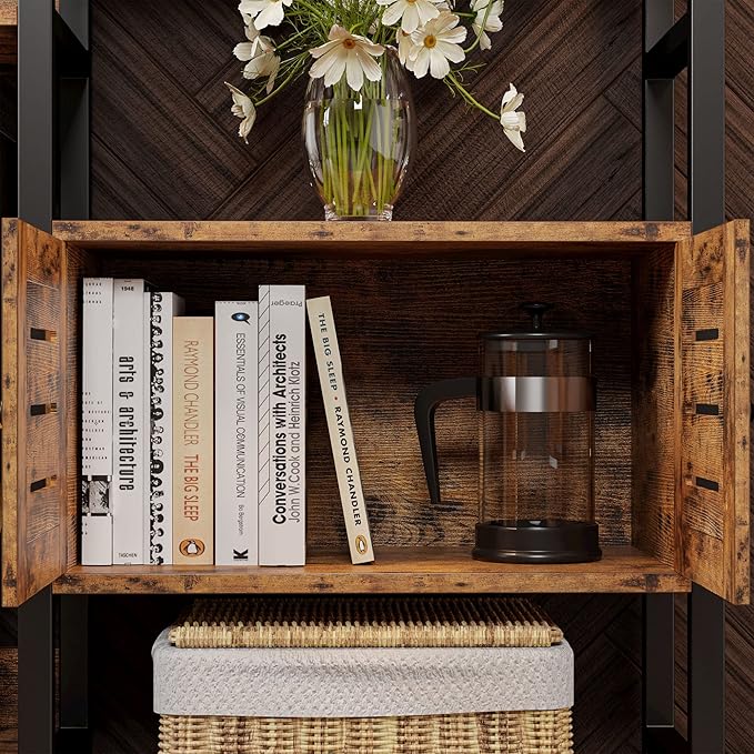 IRONCK Industrial Bookshelf and Bookcase with 2 Louvered Doors 5 Tiers Triple Wide Display Shelf with Storage Cabinet for Living Room Home Office-Ruum Studio Home