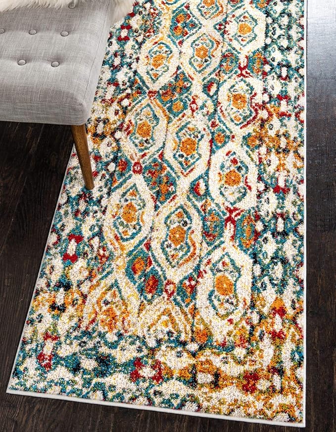 Unique Loom Rosso Collection Vintage, Geometric, Bohemian, Traditional, Distressed, Southwestern Area Rug, 2' 0" x 6' 0", Multi/Ivory-Ruum Studio Home