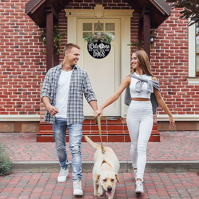 Welcome We Hope You Like Dogs Farmhouse Door Sign for Front Door Porch Decor with Eucalyptus Leaves & Buffalo Bow - Welcome Wreath Sign Hanging for Dogs Lovers Spring Summer Decor Housewarming Gift-Ruum Studio Home