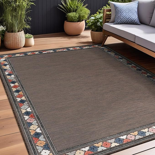 Beverly Rug Outdoor Rug 5x7 Modern Bordered Area Rugs for Indoor and Outdoor Patio Easy to Clean Non Shedding Living Room Porch Garden Washable Outside Carpet (5 x 7 Brown)-Ruum Studio Home