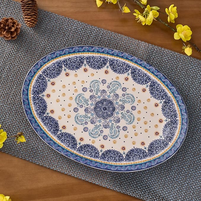 Bico Blue Talavera 16 plus 14 inch Oval Platters Set, Set of 2, Microwave and Dishwasher Safe, for Serving Fish, Chicken, Turkey-Ruum Studio Home