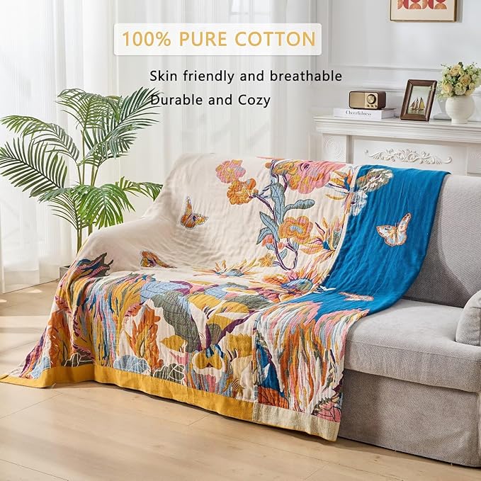 100% Muslin Throw Blanket for Couch, Butterfly and Floral Double Embroidery Summer Throw Blanket 60"x80" for Bed, Chair, Woven Cotton Reversible Mexican Blanket-Ruum Studio Home