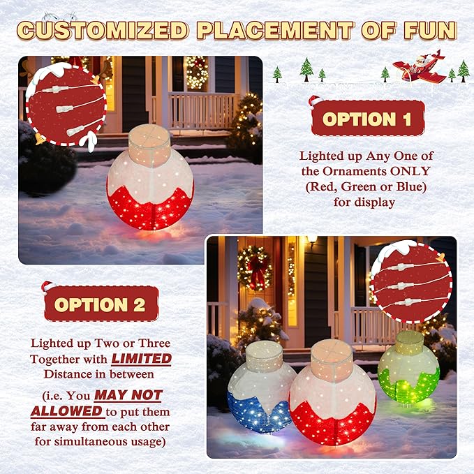 36 Inch Pop-Up Christmas Ball with 90 LED Lights for Outdoor Xmas Decor, 3-Piece Pre-Lit Iridescent Christmas Ball Ornaments Decor with Base, Outdoor 3D Glittered Standing Holiday Display-Ruum Studio Home