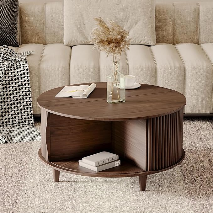 Round Coffee Table with Storage,Fluted Center Table with Sliding Cabinet Door for Living Room,Home Small Space,31.5" Small Center Table,Walnut-Ruum Studio Home