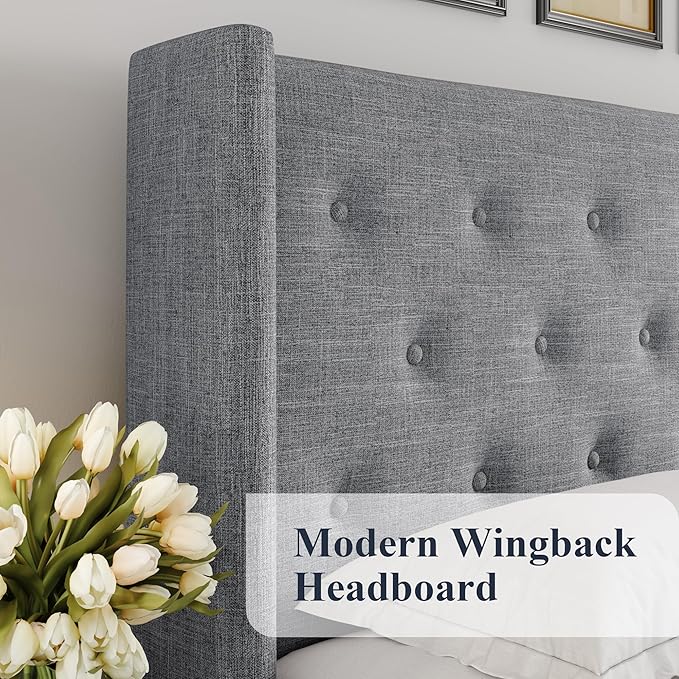 Allewie King Size Lift Up Storage Bed, Button Tufted Headboard with Wingback, Hydraulic Support, No Box Spring Needed, Light Grey-Ruum Studio Home