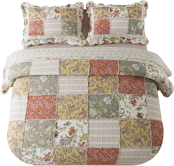NEWLAKE Cotton Patchwork Bedspread, 3-Piece Bedding Quilt Set with Real Stitched Embroidery, Reversible Matelasse Bed Coverlet Set,Floral Paisley Grid with Lace,King Size-Ruum Studio Home