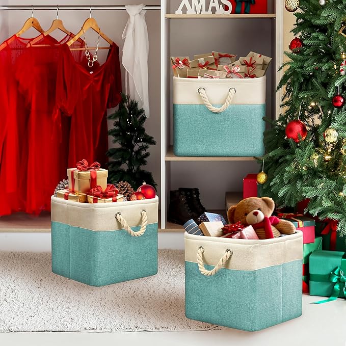 SIMPLE HOUSEWARE Fabric Storage Cubes, 13" x 13" Storage Bin, 3 Pack, Turquoise-Ruum Studio Home