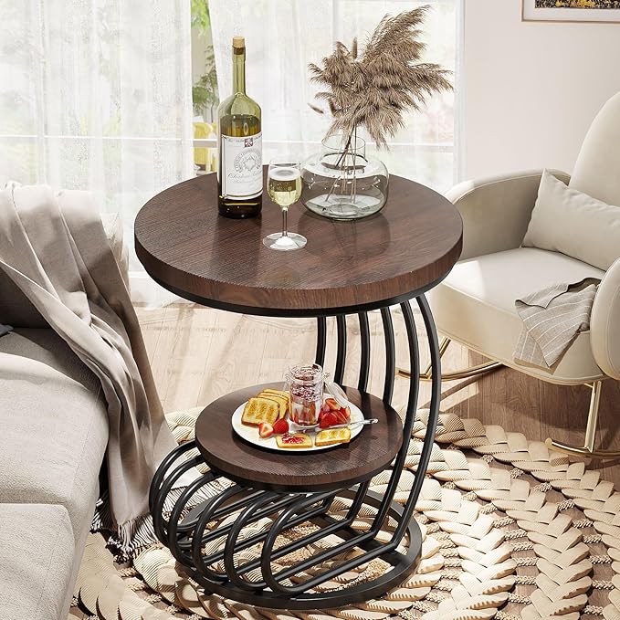 Tribesigns Round End Side Table: 2 Tiers Side Table Set of 2, Vintage End Table for Living Room, Small Bedside Table Accent Table with Arc-Shaped Frame, Rustic Brown-Ruum Studio Home