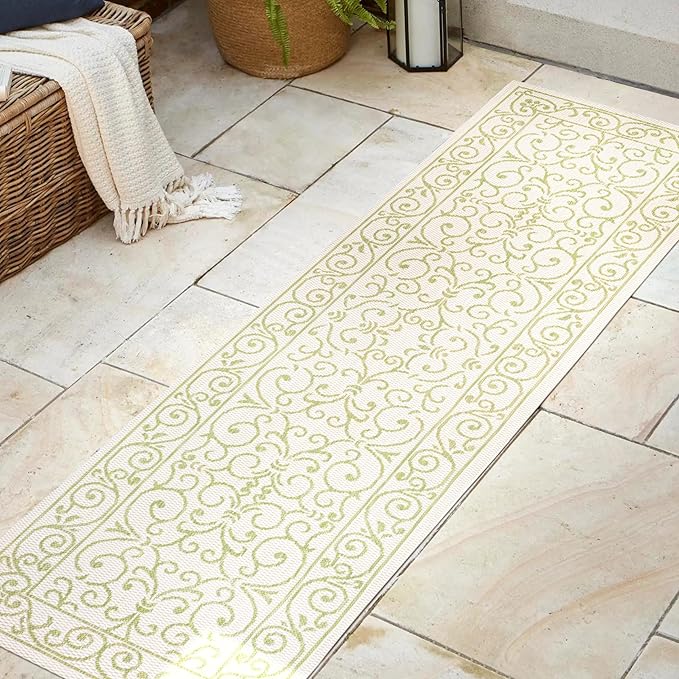 JONATHAN Y Vintage Filigree Indoor Outdoor Runner Rug 2X8 Cream/Green, Charleston Textured Weave for Backyard, Patio, Porch, Easy-Cleaning, High Traffic, Pet-Friendly, Non-Shedding (SMB106I-28)-Ruum Studio Home