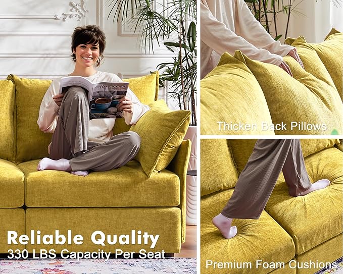 102.6" Modular Sectional Sofa, L Shaped Couch Set for Living Room, 3-Seater Comfy Cloud Couches with Movable Storage Ottoman,DIY Combination - Chenille Yellow-Ruum Studio Home