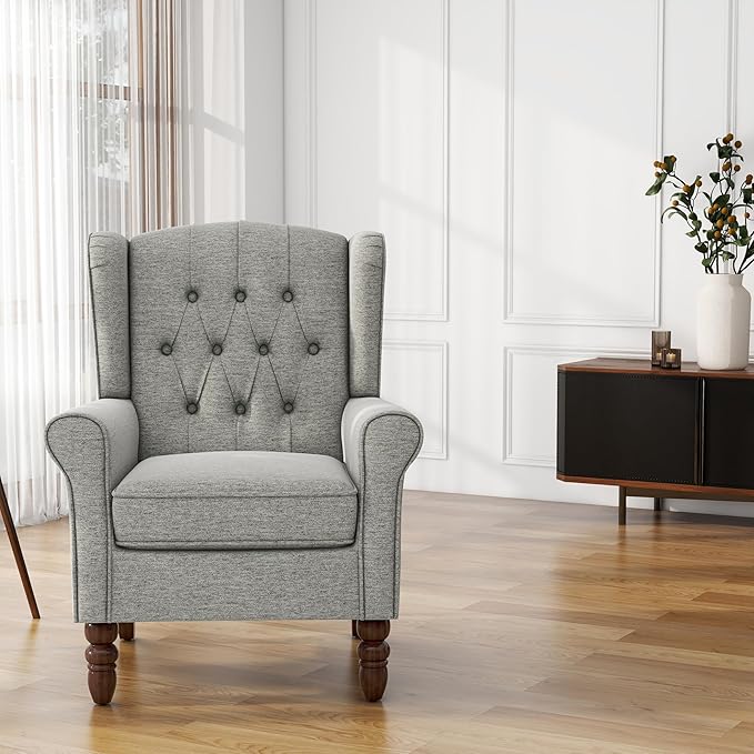 UIXE High Back Accent Chair, Upholstered Armchair in Fabric, Retro Wingback Arm Chair for Living Room, Comfy Single Sofa Bedroom Reading Seat with Solid Wood Legs - Light Gray-Ruum Studio Home