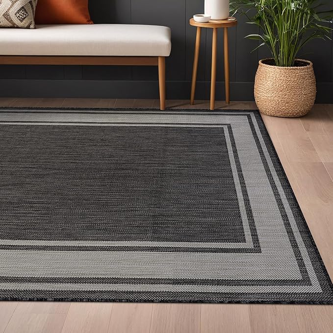 Beverly Rug Outdoor Rug 5x7 Modern Bordered Area Rugs for Indoor and Outdoor Patio Deck Porch Garden Waterproof Weather Sun Resistant Washable Outside Carpet (5 x 7 Dark Gray)-Ruum Studio Home