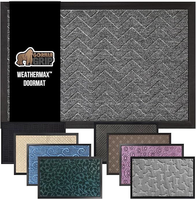 GORILLA GRIP 100% Waterproof All-Season WeatherMax Doormat US Designed Natural Rubber, Stain and Fade Resistant, Low Profile Indoor Outdoor Door Mats, Easy Clean Patio Mat, 17x29, Steel Chevron-Ruum Studio Home