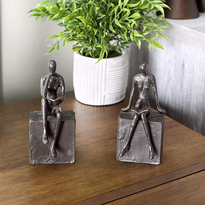 Danya B. Metal Art Shelf Decor - Decorative Cast Iron Bookend Set - Man and Woman Reading on a Block-Ruum Studio Home