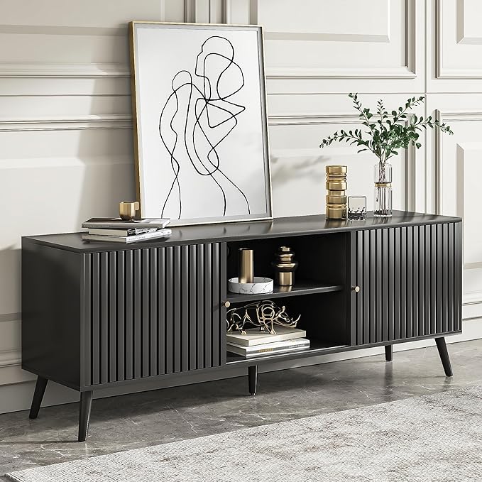 Mid Century Modern TV Stand for Televisions up to 70 Inches, with Sliding Doors and Storage, Television Stands, TV Consoles, Media Consoles for Living Room, 63 Inch (Black)-Ruum Studio Home