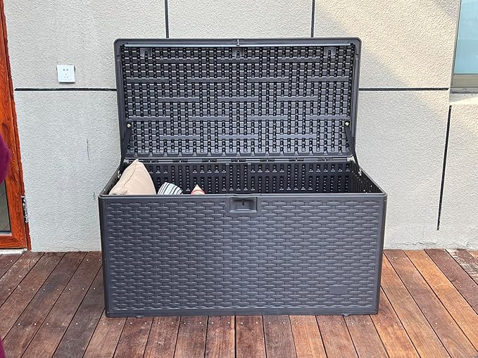 73 Gallon Large Storage Box with Lid,Waterproof Outdoor Storage Container for Patio Furniture Cushions, Gardening Tools, Pool Accessories, Lockable Resin Deck Box with handle Brown-Ruum Studio Home